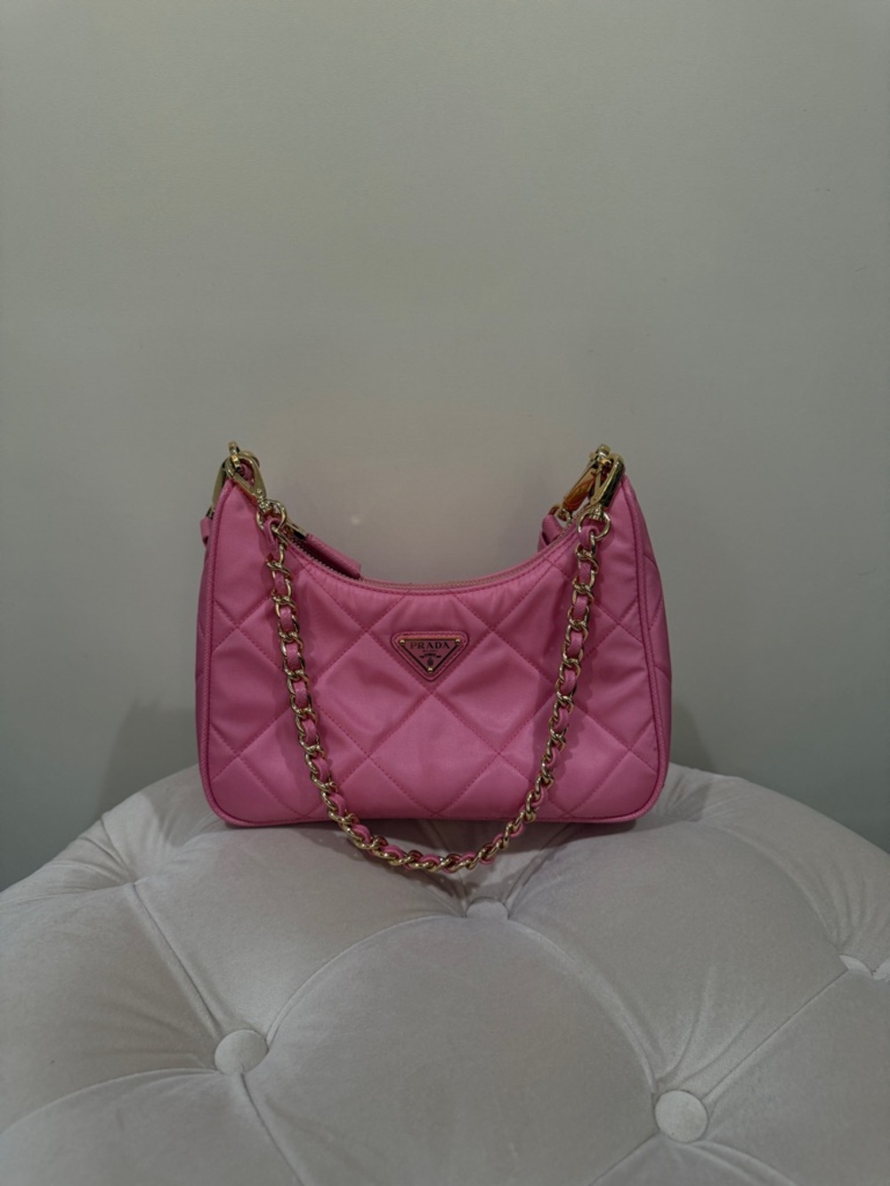 Prada Quilted Pink Shoulder Bag with Gold Chain Strap